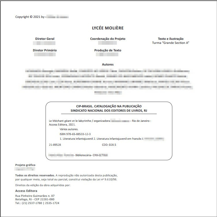 Ficha catalográfica da obra produzida por alunos do Lycée Molière